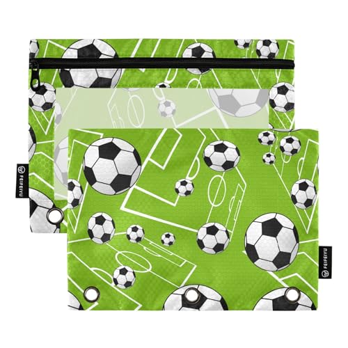 Cute Soccer Balls Pencil Pouch for 3 Ring Binder, Three Hole Pencil Case for Binder Bulk Pencil Bag with Clear Window and Zipper for Office School College, 2 Pack, 9.84*7.08in - color: Multicolor 10