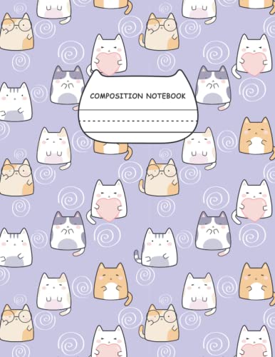 Primary Composition Notebook for Kids: Dotted midline for handwriting practice with Blank Picture space for School to draw and write | Cute Cat Composition Story Journal Large Size for girls - Purple