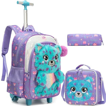 Meetbelify Rolling Backpack for Girls 3D Carton Backpack with Wheels for Elementary Student Kids Plush School Bag with Lunch Box Pencil Case for Girls Ages 6-8 Years Old - color: Blue