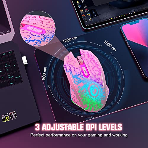 VersionTECH. Wireless Gaming Mouse, Rechargeable Computer Mouse Mice with Colorful LED Lights, Silent Click, 2.4G USB Nano Receiver, 3 Level DPI for PC Gamer Laptop Desktop Chromebook Mac-Pink - color: Pink