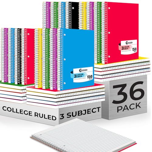 Rosmonde 36 Pack 3 Subject Spiral Notebook College Ruled Bulk, Thick Paper, Extra Pages - 300 Pages (150 Sheets), 8 x 10-1/2", Bulk Spiral Journal for School, 3 Hole Punched, Bulk Subject Notebooks - size: 36 Pack, style: 3 Subject - Soft Cover