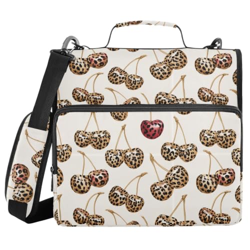 Cherries Leopard Print Zipper Binder 3 Ring with Shoulder Strap | Multi-Pocket Organizer, 2 Inch Binder Holds 500 Sheets, Zipper Binders Organizer for School Students Office - color: Multicolored.13
