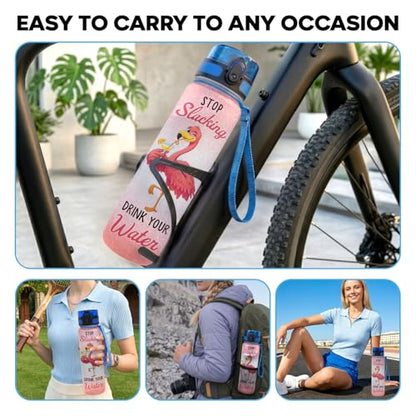 Flamingo Water Bottle 32oz with Time Marker Cute Pink Flamingo Gift Birthday Gift for Women Girls Reusable Daily Motivation Drinking Bottle with Handle and Lid - color: Pink White