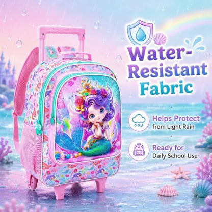 3Pcs Mermaid Rolling Backpack for Girls, Kids School Backpacks with Wheels, Roller Bookbag with Lunch Box for Elementary Preschool(Pink) - color: Mermaid Pink02