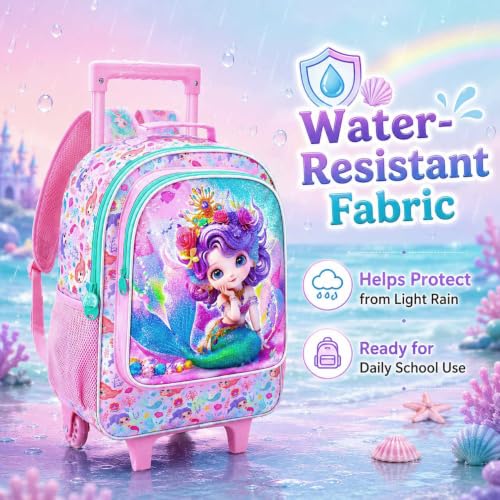 3Pcs Mermaid Rolling Backpack for Girls, Kids School Backpacks with Wheels, Roller Bookbag with Lunch Box for Elementary Preschool(Pink) - color: Mermaid Pink02