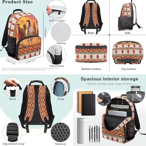 Horse 4-Piece Kids Backpack Set, 17inch School Bag with Lunch Box, Pencil Case & Water Bottle Holder for Elementary School Girls and Bys Daily School Use - color: Sunset Horse Print