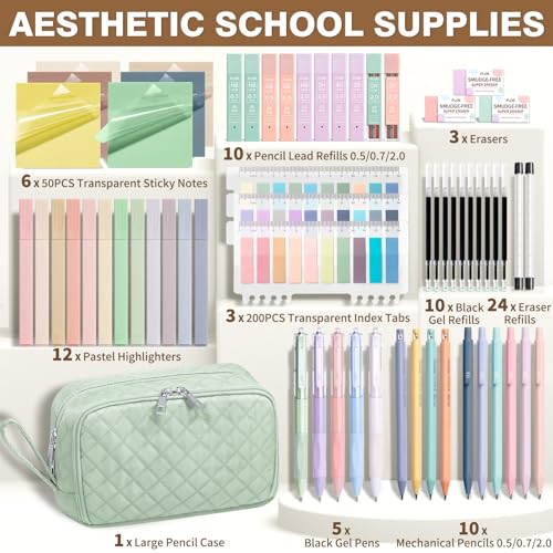 62PCS Aesthetic School Supplies with Cute Pencil Case, Pastel Highlighters Black Ink Gel Pens Mechanical Pencils Kit, Back to School Supplies College Essentials Preppy Stationary Set for Student Girls - color: Sage Green
