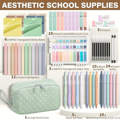 62PCS Aesthetic School Supplies with Cute Pencil Case, Pastel Highlighters Black Ink Gel Pens Mechanical Pencils Kit, Back to School Supplies College Essentials Preppy Stationary Set for Student Girls - color: Sage Green