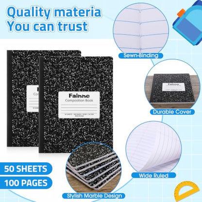 Fainne 50 Pack B5 Composition Notebooks Bulk Wide Ruled 100 Pages Composition Book 7.5 x 9.8 Inch Marble Cover Journal Notebooks for College Office Back to School Supplies(Black) - color: Black