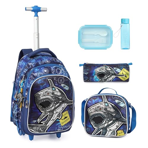 Cartoon Rolling Backpack for Boys Girls, Kids 5 Pcs Wheeled Backpack, Travel Backpack for Elementary Students (Shark Blue) - color: Shark Blue