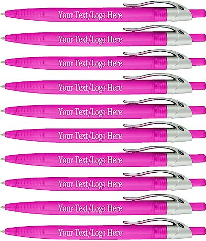 SyPen Personalized Pens With your Custom Logo or Text-500 Pack Bulk-for Businesses, Parties, and Events, Custom Printed Ballpoint Click Pens, Translucent Barrel, Pink Pen, Black Ink - color: Pink