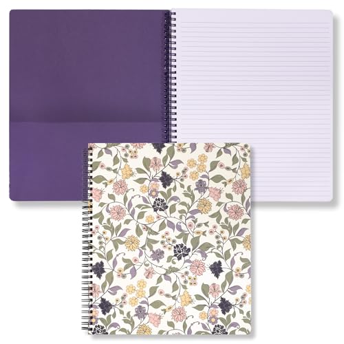 Steel Mill & Co. Cute Floral Large Spiral Notebook, Purple Vine Ditsy | 11" x 9.5" Journal with Durable Hardcover, 160 College Ruled, Perforated Pages, Rounded Corners, and Pocket Page - color: Purple Vine Ditsy