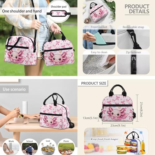 Kids Bookbag & Insulated Lunch Bag & Pencil Case Set for Elementary School, Axolotl 3-Piece Matching Backpack Lunchbox Pouch for Girls, Lightweight Waterproof Student Supplies - color: Pink Bows-axolotl