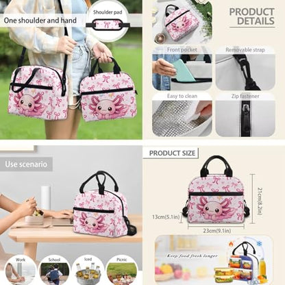 Kids Bookbag & Insulated Lunch Bag & Pencil Case Set for Elementary School, Axolotl 3-Piece Matching Backpack Lunchbox Pouch for Girls, Lightweight Waterproof Student Supplies - color: Pink Bows-axolotl