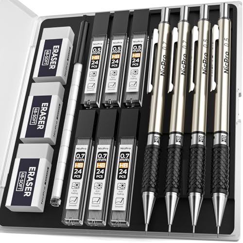 Nicpro Art Mechanical Pencil Set in Case, 4 PCS Metal Drafting Pencil 0.5 mm & 0.7 mm, Lead Pencil with 6 Tube HB Lead Refills, 3 Erasers, 9 PCS Eraser Refills for Artist Writing, Drawing, Sketching - style: 4 Pack (0.5mm+0.7mm)