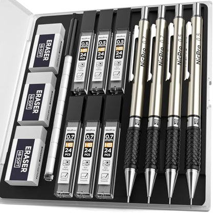 Nicpro Art Mechanical Pencil Set in Case, 4 PCS Metal Drafting Pencil 0.5 mm & 0.7 mm, Lead Pencil with 6 Tube HB Lead Refills, 3 Erasers, 9 PCS Eraser Refills for Artist Writing, Drawing, Sketching - style: 4 Pack (0.5mm+0.7mm)