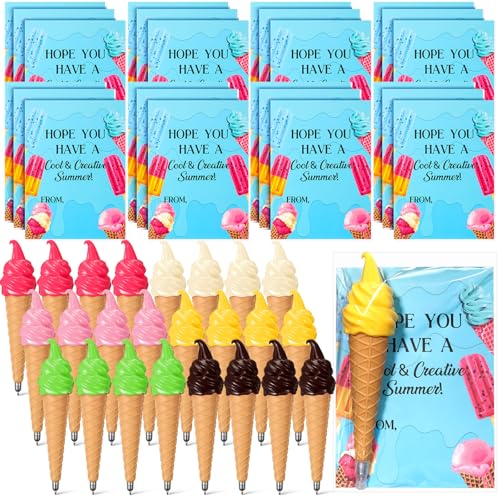 Sayglossy 24 Set Ice Cream party favors Summer Back to School Gift Including 24 Pcs 6 Colors Ice Cream Ballpoint Pens and 24 Notepads for Students Classroom Summer Vacation Party Favors