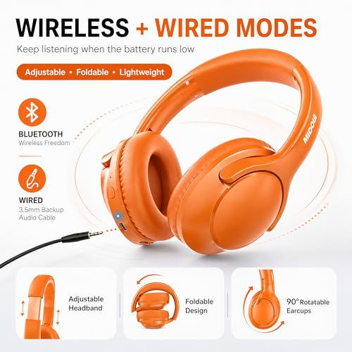 MIDOLA Bluetooth Headphones Over Ear, 68H Playtime Wireless Headphones with Microphone, 6 EQ Modes, HiFi Stereo Deep Bass, Foldable Lightweight Headset for Home Office, Cellphone, PC, Orange - color: Orange