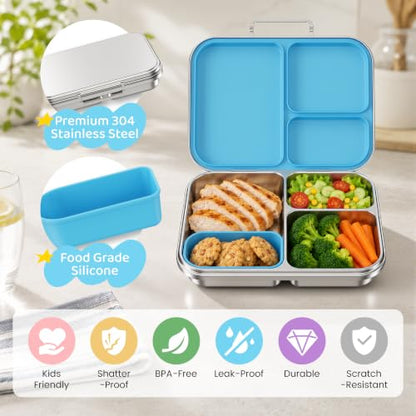 Pawtong Stainless Steel Bento Box for Kids and Adults, 3 Compartment Leakproof Lunch Box with Removable Silicone Seal and Silicone Contianer, Metal Lunch Container for School, Work and Travel (Blue) - color: Blue