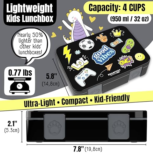 BEARFOOT Kids Lunch Box with Compartments – Compact & Lightweight | Leak-Proof, BPA-Free, Dishwasher Safe | Hand-Drawn Design for Preschool, School, Travel (Sticker Black, 4 Cups) | BPA Free Leakproof Lunch Box with Compartments School & Nursery for Girls