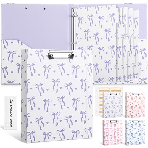 Colarr 3 Ring 1 Inch Purple Bow Binder with 2 Pockets Cute Bow Knot Clipboard Binder Organizer for Back to School 8.5" x 11" Letter Size 5 PVC Index Dividers with Tabs 18 Label Stickers Office Supplie - color: Purple, style: Classic