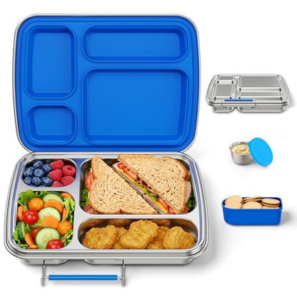 Stainless Steel Bento Box for Kids, Kids Lunch Box with 4-Compartment, Metal Lunch Box with Silicone Container & Sauce Cup, Durable Lunch Box Containers for School and Office (Blue) - color: Blue