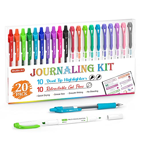 Shuttle Art 20 Pack Journaling Kit,10 Colors Dual Tip Highlighters and 10 Colors Retractable Gel Ink Pens,Perfect for Adults Coloring,Underlining, Highlighting, Writing in Office Home&School