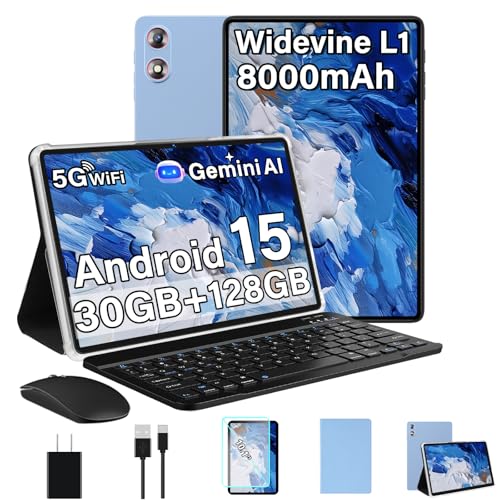 Android 15 Tablet 30GB+128GB+1TB Expand, 2026 10.1 Inch Octa-Core 8000mAh Electronics Tablets with Keyboard Mouse, Gemini AI, 5G WiFi, 1280x800 IPS Touchscreen, GPS, BT5.0, Widevine L1 -Metal Blue - color: Blue