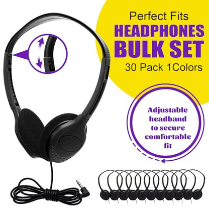 Yunsailing 30 Pack Over Ear Wired Headphones Bulk for School Classroom Student, Adjustable Headband with 3.5mm Jack, Lightweight Design Earphones for Classroom Learning and Testing (Black) - color: Black