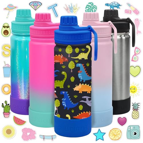 CHILLOUT LIFE 17oz Kids Insulated Stainless Steel Water Bottle with Leak Proof Spout Lid & 144 Stickers - color: Dinosaur, style: 17 oz