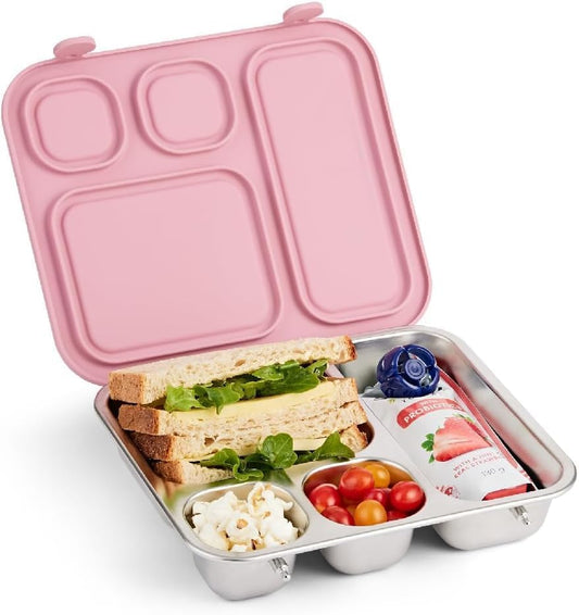 Elk and Friends Kids Stainless Steel Bento Box with Silicone Lid | Leak-proof | Toddler Lunch Container | 4 Compartments | Dishwasher Safe - color: Blush