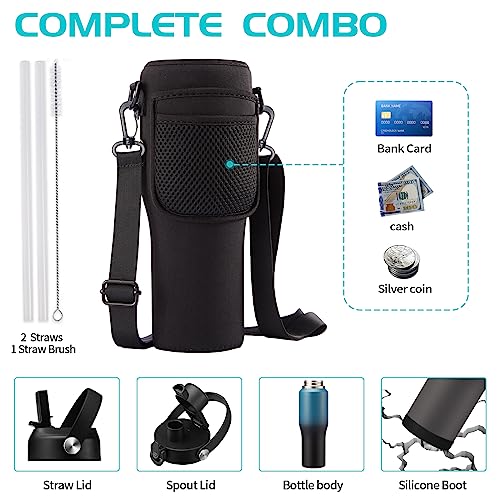 32oz Water Bottles with Straw - Travel Stainless Steel Water Bottle, Carrier Bag with Strap, 32 oz Tumbler Water Cup Fits Car Cup Holders - color: Blue&Black, size: 32 Ounces