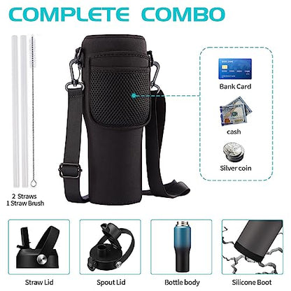 32oz Water Bottles with Straw - Travel Stainless Steel Water Bottle, Carrier Bag with Strap, 32 oz Tumbler Water Cup Fits Car Cup Holders - color: Blue&Black, size: 32 Ounces