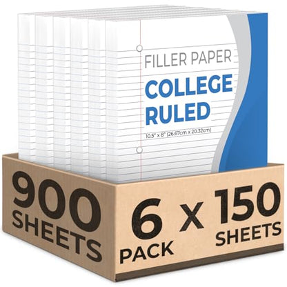 Rosmonde Loose Leaf Paper, 900 Sheets, 6 Pack, College Ruled, 8" x 10.5", Bulk Office Filler Paper, 3 Hole Punched, 150 Sheets/Pack, College Ruled Paper for 3 Ring Binder, Notebook Paper, White - size: 6 Pack