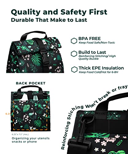 SUNNY BIRD Insulated Lunch Bag Rolltop Lunch Box (Floral & Foliage) - color: Floral & Foliage