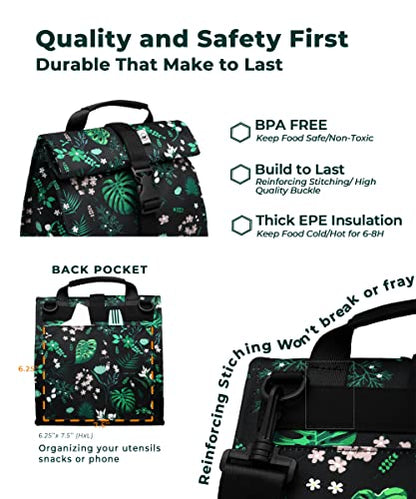 SUNNY BIRD Insulated Lunch Bag Rolltop Lunch Box (Floral & Foliage) - color: Floral & Foliage