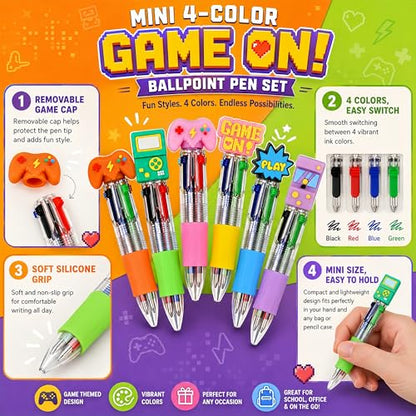 Oneshow 48 Pack Video Game Party Favors Pens Mini 4-in-1 Ballpoint Pens | Game Themed Multicolor Pen with 6 Fun Topper Styles, Gaming Pens Bulk for Classroom Prizes Goodie Bag Stuffers Birthday Gifts - style: Game-48PCS