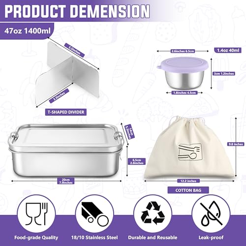 HaWare Large Stainless Steel Bento Lunch Box, 47oz (1400ml) with Divider | 3 Compartment, Purple Condiment Container &Carrying Bag Included, Leak-Proof, Dishwasher Safe - color: Lilac Purple, size: 47oz-(1400ml)