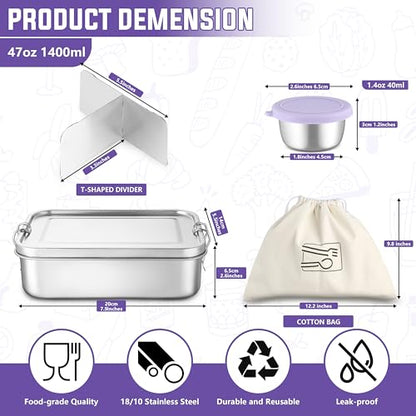 HaWare Large Stainless Steel Bento Lunch Box, 47oz (1400ml) with Divider | 3 Compartment, Purple Condiment Container &Carrying Bag Included, Leak-Proof, Dishwasher Safe - color: Lilac Purple, size: 47oz-(1400ml)
