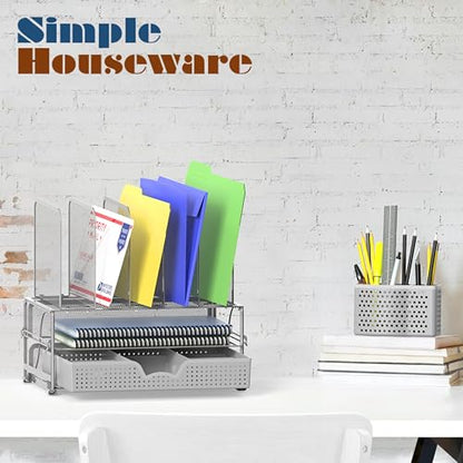 Simple Houseware Mesh Desk Organizer with Sliding Drawer, Double Tray and 5 Upright Sections, Silver - color: Silver