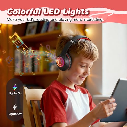 Kids Bluetooth Headphones, 85H Playtime Wireless Headphones for Kids, Colorful LED Lights, 85/94dB Safe Volume Limit, Bluetooth 5.4 Built-in Mic Toddler Headset for Tablet/Airplane/Travel (Black） - color: Black