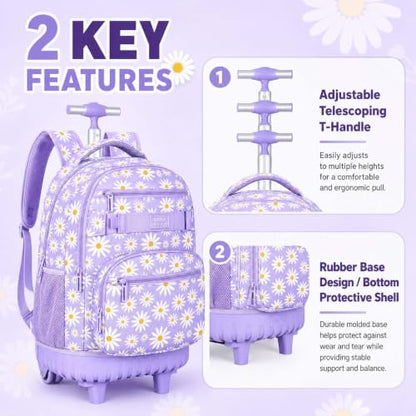 gxtvo Girls Rolling Backpack, Women Roller Bookbag with Lunch Box for Adults, Water Resistant Wheeled School Bag for College Teens Kids Travel - Purple Flower - color: Chrysanthemum Purple