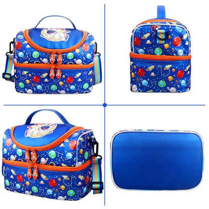 RHCPFOVR Kids Lunch Bag - Double - Decker Cooler Insulated Lunch Box for Boys Girls,Washable Lunch Bag with Strap and Reusable Toddler Lunchbox for School and Daycare - color: Royal Blue Space