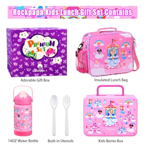 rockpapa Kids Lunch Box Set with 14oz Insulated Water Bottle & Lunch Bag, Leakproof 5.5 Cups Bento Box for School & Children, BPA-Free, Microwave Safe for Boys Girls (Pink Fairies) - color: Pink Fairies