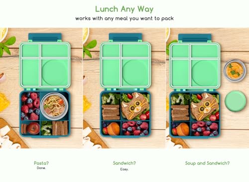 Bento Box for Kids - Leak-Proof Bento Lunch Box with Insulated Thermo Food Jar - 4 Compartments, 1 Removable Divider, 1 Spoon, 1 Fork - Dishwasher Safe, BPA-Free (Green) - color: Green