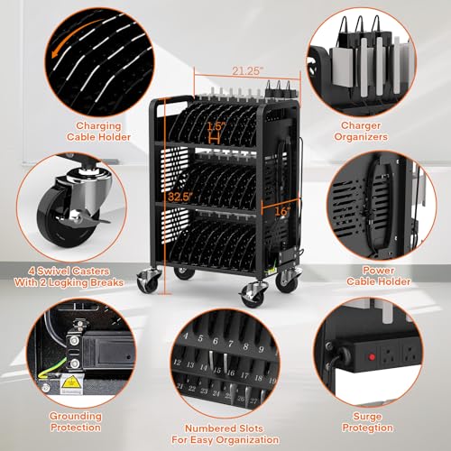 30-Unit Mobile Charging Cart-Open Charging Station Rack for 14-inch Chromebooks and Tablets-Tablet Organizer Station with Cable Management and Charger Organization(Black) - size: 30 Devices