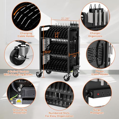 30-Unit Mobile Charging Cart-Open Charging Station Rack for 14-inch Chromebooks and Tablets-Tablet Organizer Station with Cable Management and Charger Organization(Black) - size: 30 Devices