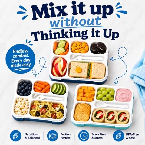 kinsho Lunch Boxes for Kids Boys Teens - Bento Box Set with Insulated Bag and Ice Pack, 6 Compartment Leak Proof Food Container, BPA-Free, Microwave Safe, Ideal for School & Work, Blue + Navy - color: Blue + Navy