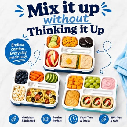 kinsho Lunch Boxes for Kids Boys Teens - Bento Box Set with Insulated Bag and Ice Pack, 6 Compartment Leak Proof Food Container, BPA-Free, Microwave Safe, Ideal for School & Work, Blue + Navy - color: Blue + Navy
