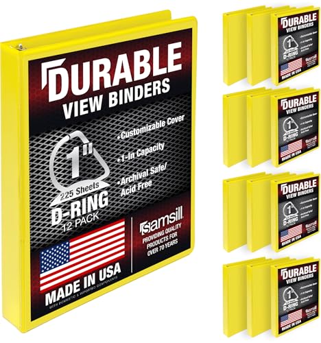 Samsill Durable 1 inch 3 Ring Binder, D Ring Binder, 100% Recycled Chipboard, Yellow, 12 Pack - color: Yellow, size: 12 Pack, style: 1 Inch